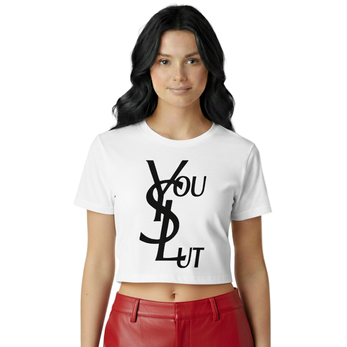 Person wearing a white t-shirt with black graphic design and red pants on a white background