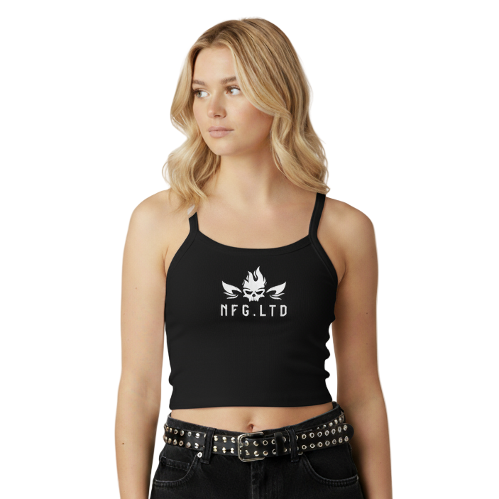 Woman wearing a black tank top with a logo and text on a white background