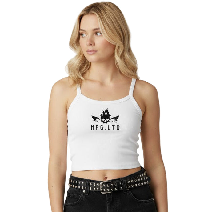 Woman wearing a white tank top with 'MFG.LTD' logo and black jeans on a white background